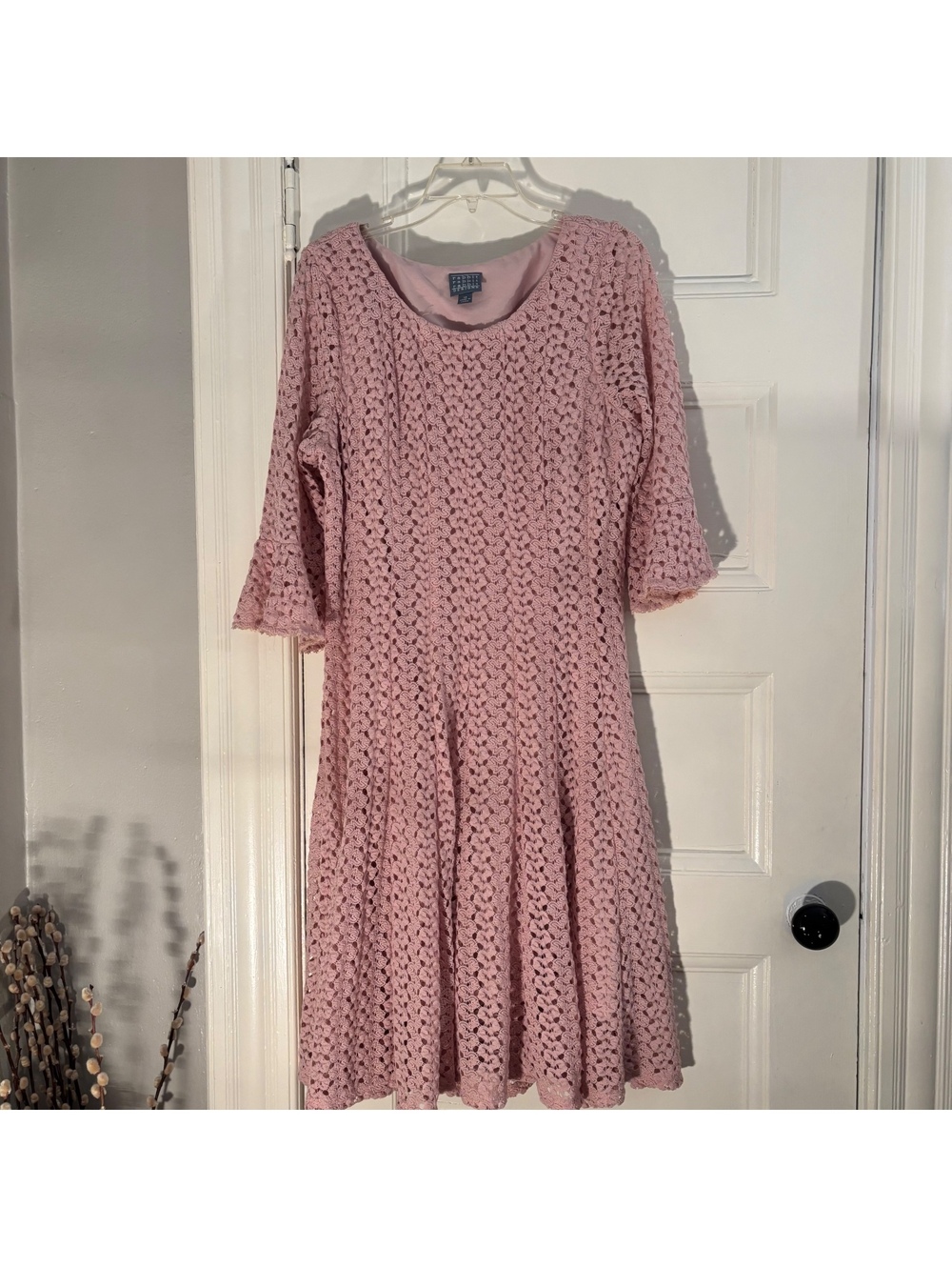 Blush Pink Floral Lace Fit & Flare 3/4 Bell Sleeves Midi Dress Size 18